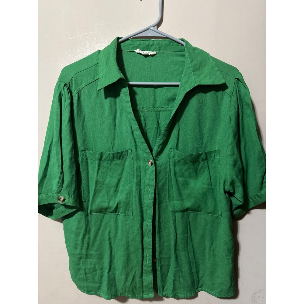 Sunburst Kiss Green Button Front Short Sleeve Collared Shirt Top XL